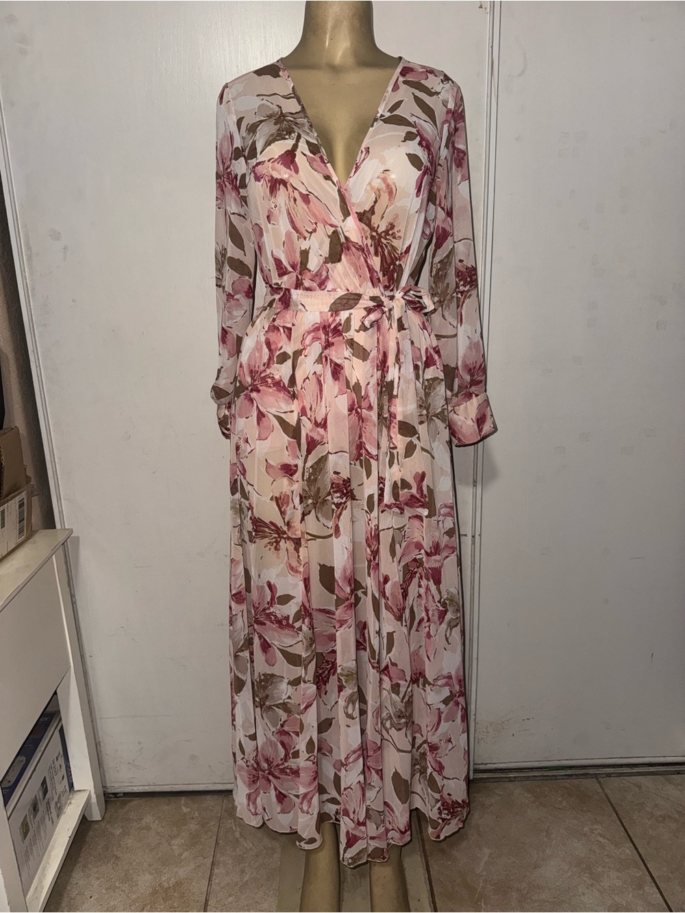 Floral Pink Wrap Maxi Dress with Tie Waist